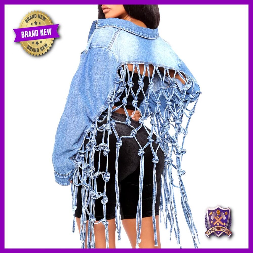 Cropped Distressed Denim Jacket Long Fringe Ripped Back Knot Loose Fit Vintage